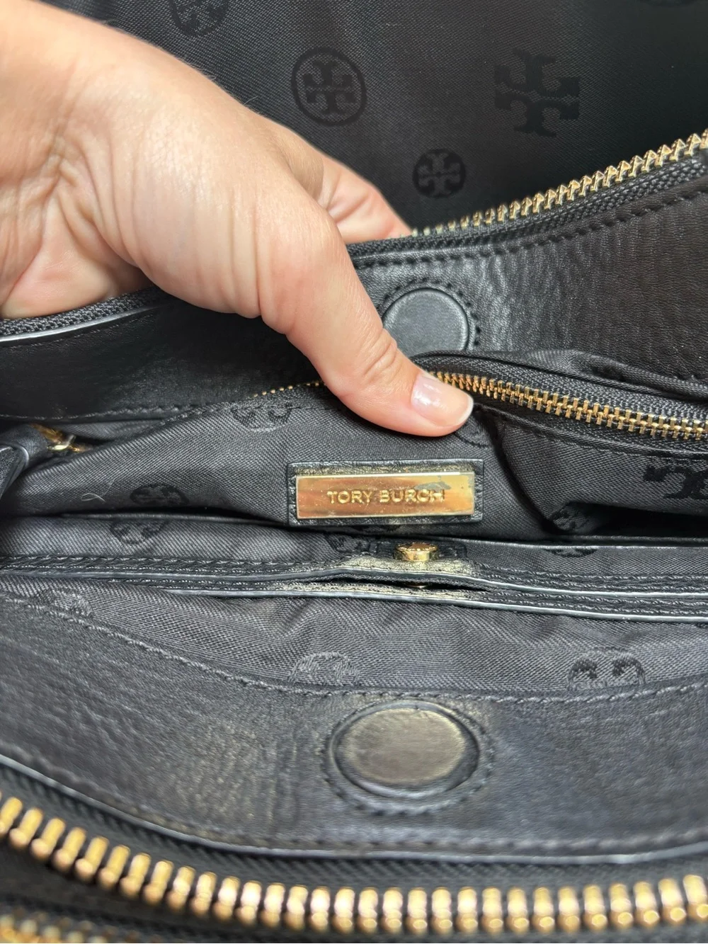 Tory Burch Robinson Double Zip Black Pebbled Leather Satchel Gold Hardware $575